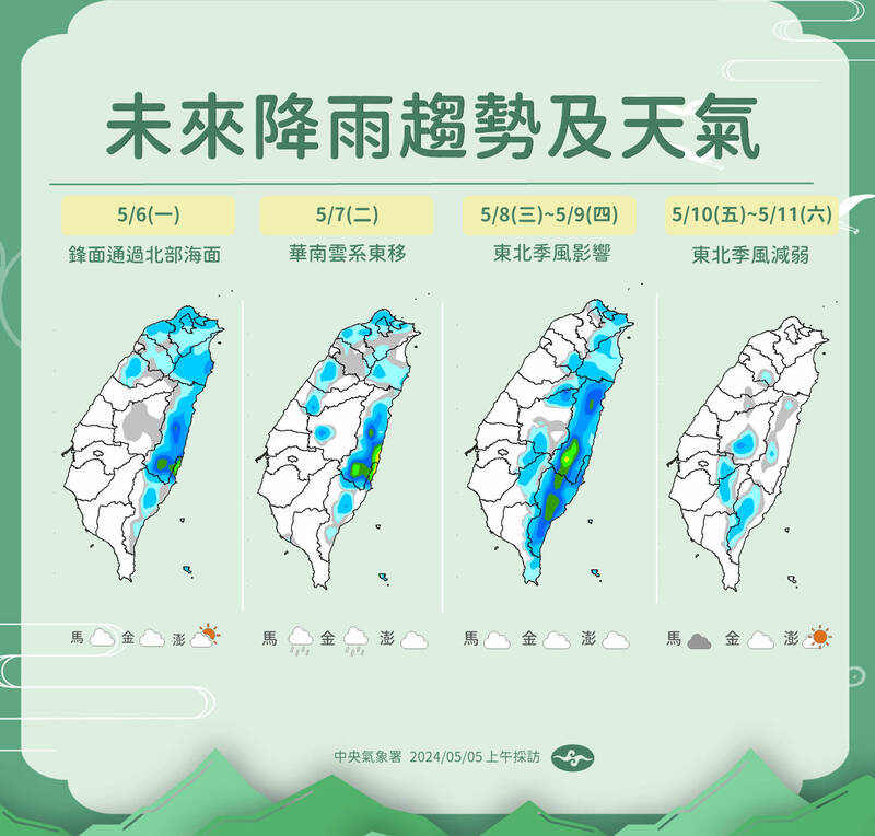 未來6天降雨趨勢。(中央氣象署提供) 未來6天降雨趨勢。(中央氣象署提供)