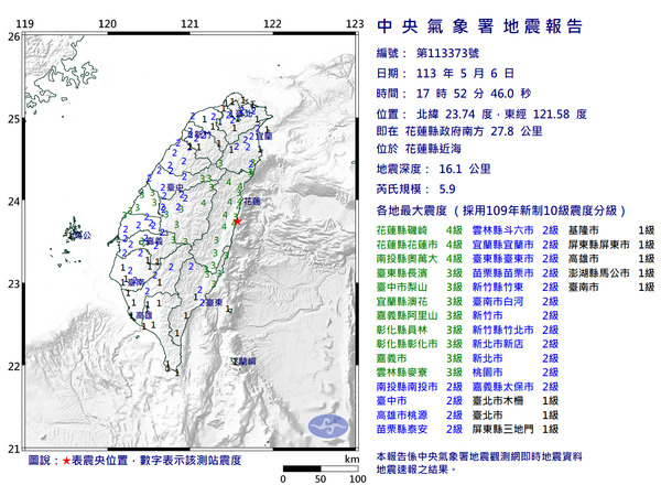 17:52花蓮近海發生規模5.9地震,最大震度4級達磯崎、花蓮市、奧萬大。(圖擷取自中央氣象署) 17:52花蓮近海發生規模5.9地震,最大震度4級達磯崎、花蓮市、奧萬大。(圖擷取自中央氣象署)
