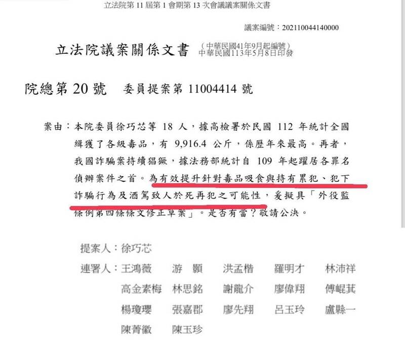 國民黨立委徐巧芯提出「外役監條例」修法，要致力「提升」吸毒、詐騙、酒駕的再犯率。（記者謝君臨翻攝）