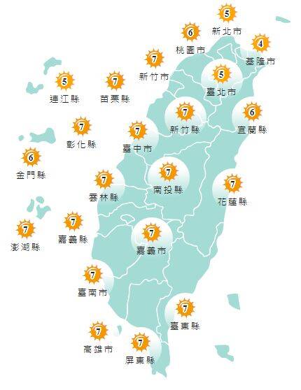今日各地紫外線指數預報概況。(圖擷取自中央氣象署) 今日各地紫外線指數預報概況。(圖擷取自中央氣象署)