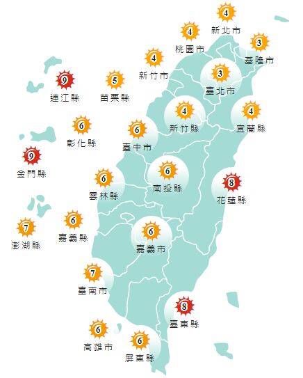 今日各地紫外線指數預報概況。(圖擷取自中央氣象署) 今日各地紫外線指數預報概況。(圖擷取自中央氣象署)