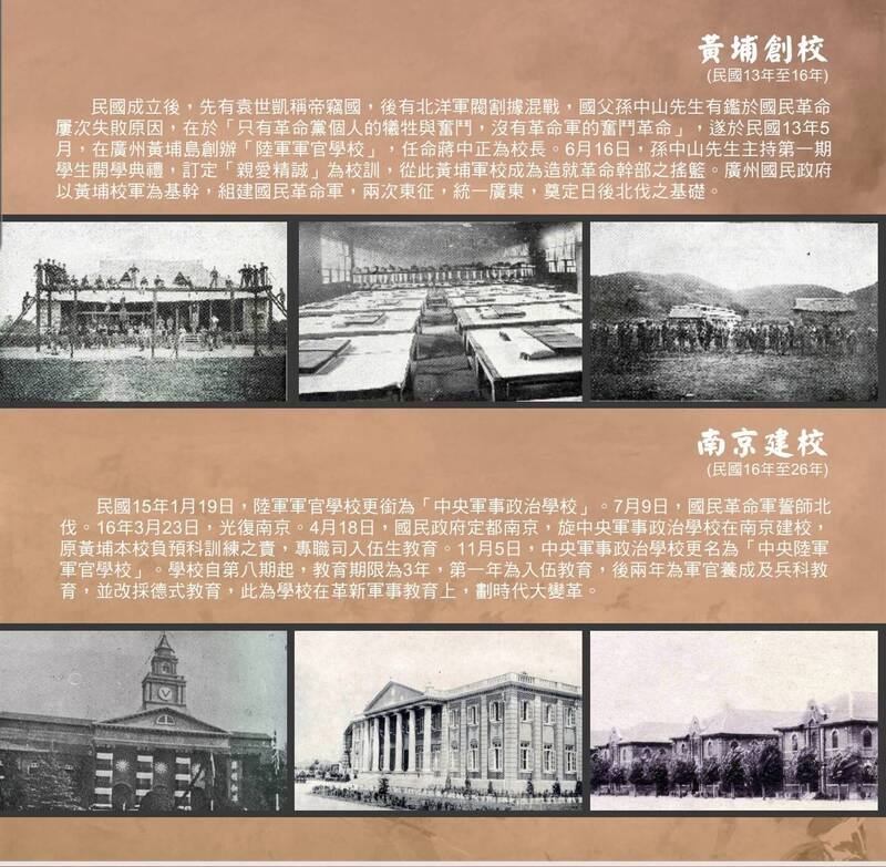 郵摺以仿舊復古呈現陸軍官校從黃埔創校、南京建校、遷校成都、鳳山復校四個時期。(軍方提供) 郵摺以仿舊復古呈現陸軍官校從黃埔創校、南京建校、遷校成都、鳳山復校四個時期。(軍方提供)