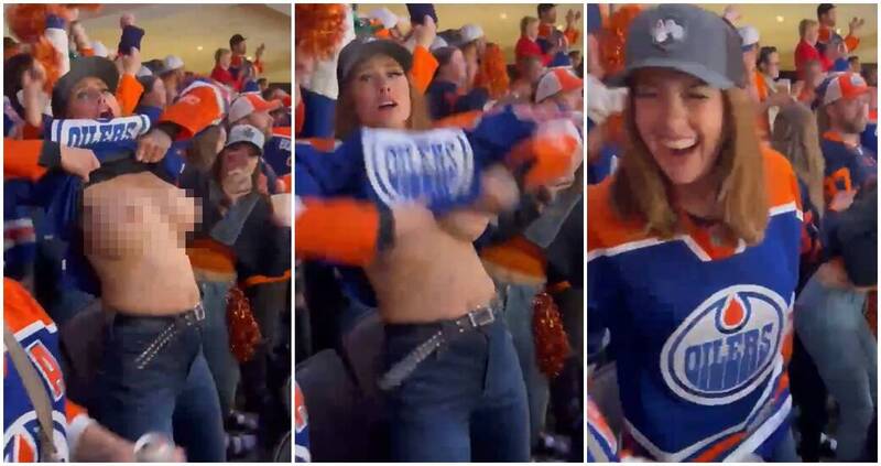 NHL正妹球迷支持的球隊獲勝,開心到當眾掀起上身球衣,狂甩豐滿雙峰慶祝。(圖翻攝自X平台) NHL正妹球迷支持的球隊獲勝,開心到當眾掀起上身球衣,狂甩豐滿雙峰慶祝。(圖翻攝自X平台)