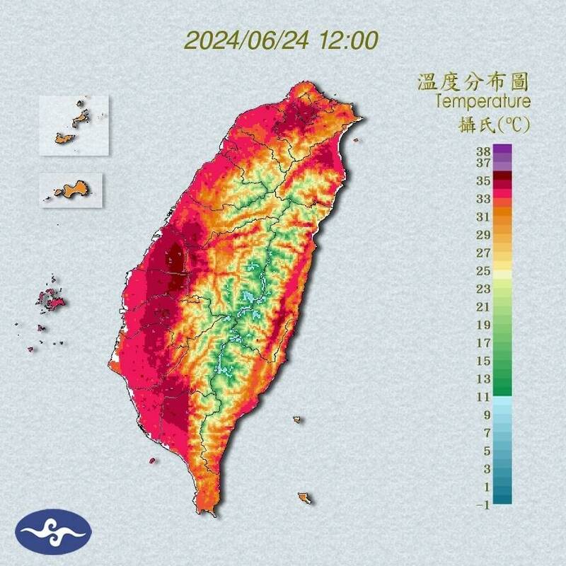 中央氣象署發布高溫資訊，台北市士林區社子測出攝氏38度氣溫。（圖擷自中央氣象署官網）