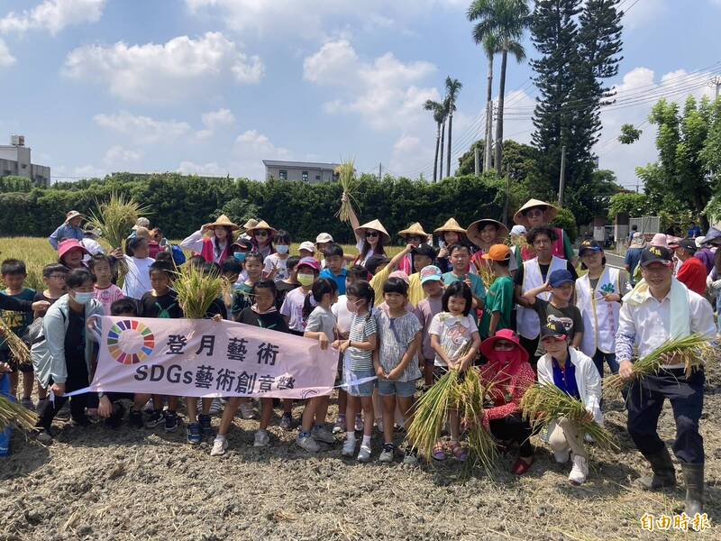 彰化縣埤頭鄉大湖國小學童下田割稻，體驗農民的辛苦。（記者顏宏駿攝）