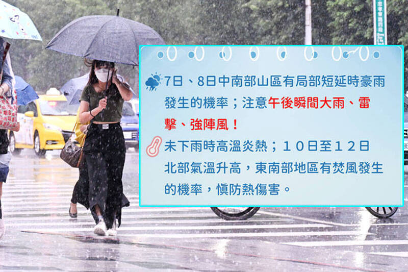 氣象署預報，明天到下週一（8日）中南部和北部都要注意局部大雨，特別是中南部山區有局部短延時豪雨發生機率。（資料照、氣象署提供；本報合成）