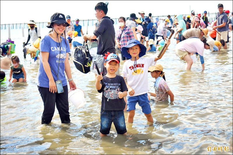 台南七股海鮮節，親子最愛觀光赤嘴園體驗挖文蛤摸蛤兼洗褲，樂趣橫生。（記者楊金城攝）