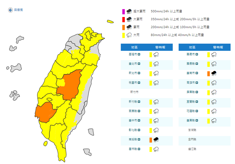 中央氣象署稍早針對全台18縣市發布豪雨及大雨特報。（圖翻攝自中央氣象署）