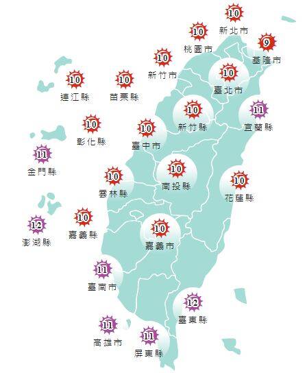 今日各地紫外線指數預報概況。(圖擷取自中央氣象署) 今日各地紫外線指數預報概況。(圖擷取自中央氣象署)