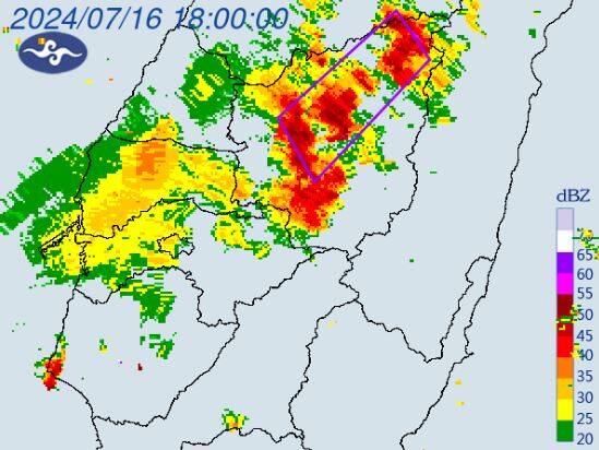 中央氣象署今天晚上6點11分，針對「台中市、南投縣」發布大雷雨示警即時訊息。（取自氣象署官網）