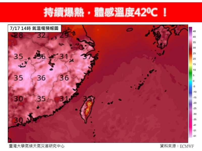 「林老師氣象站」發文提到，新北市、屏東縣及台東縣還有可能會出現局部攝氏38度或以上的極端高溫，體感溫度直飆至攝氏42度或以上。（圖擷自「林老師氣象站」臉書粉專）