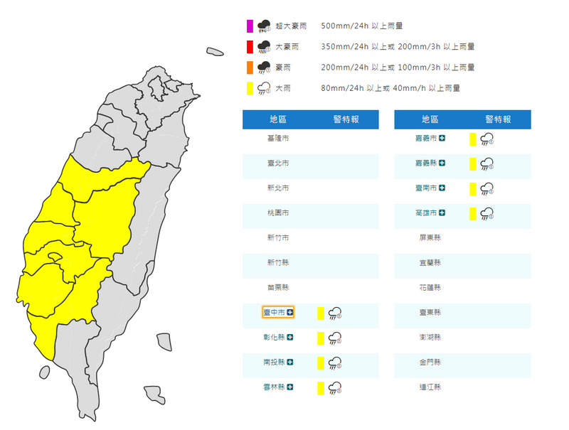 中央氣象署今天下午2點35分針對台中市等8縣市發布大雨特報，提醒民眾留意瞬間大雨跟雷擊及強陣風。（擷自中央氣象署）
