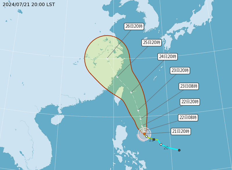 中央氣象署表示，凱米距離鵝鑾東南方750公里，以每小時6公里時速往北移動，明天下午至晚上就可能升格為中颱，預計最快明天深夜會發布海上警報，也不排除發布陸上警報。（圖取自中央氣象署）