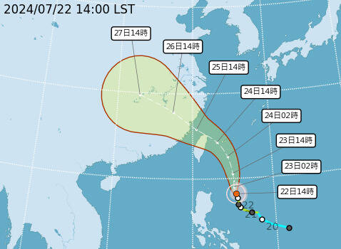 凱米颱風路徑預測圖。（中央氣象署提供）

