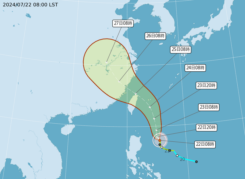 氣象署最新路徑預測顯示，凱米颱風中心將貼近北海岸而過，恐成「西北颱」。（圖擷自中央氣象署）