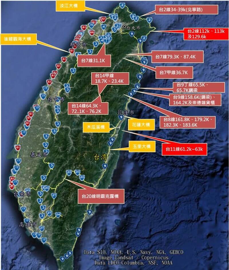 因應凱米颱風防颱整備重點路段盤點。（圖由公路局提供）