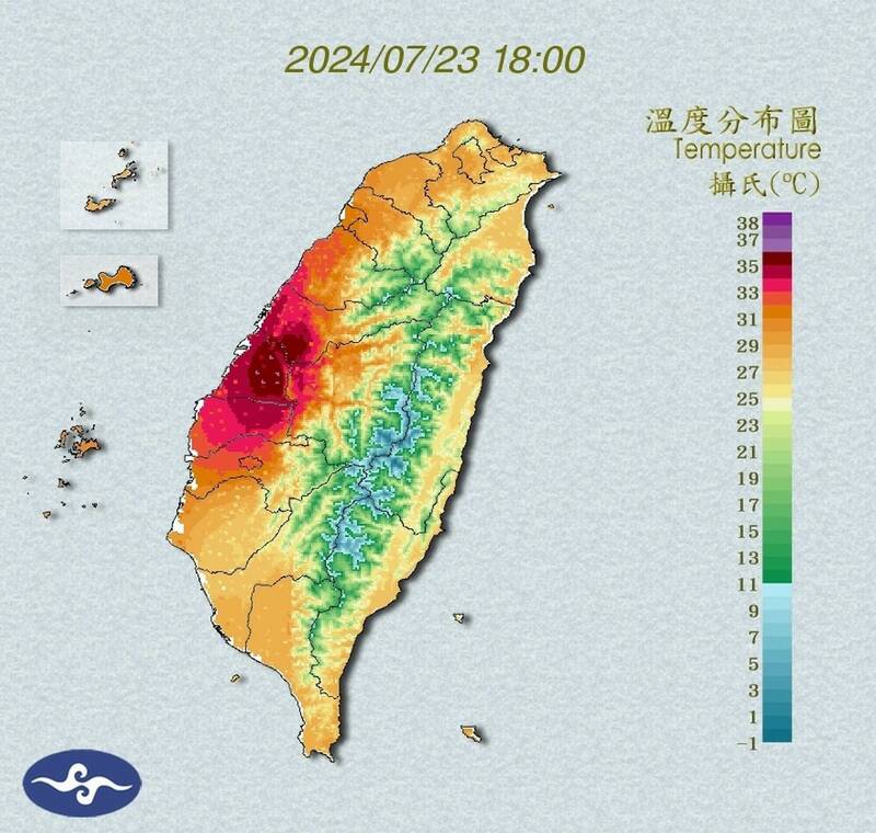 中颱凱米進逼，彰化縣今天傍晚氣溫卻一片紅通通。（翻攝中央氣象署官網）