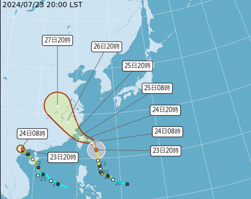 中颱「凱米」進逼台灣，暴風圈持續擴大。（圖擷自中央氣象署）