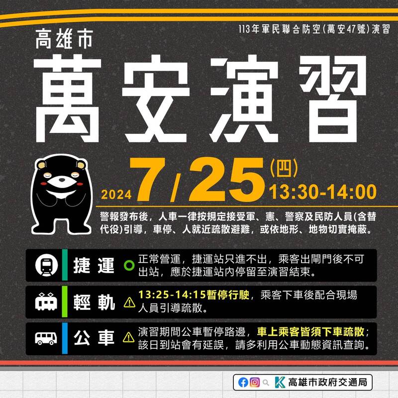 萬安演習期間,高雄市大眾運輸規定。(高雄市交通局提供) 萬安演習期間,高雄市大眾運輸規定。(高雄市交通局提供)
