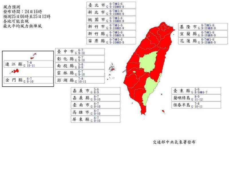 氣象署最新風力預測。（中央氣象署提供）