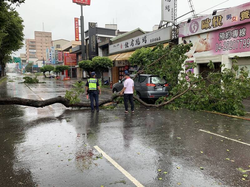 台中豐原區中正路路樹倒塌，造成1輛轎車受損。（民眾提供）