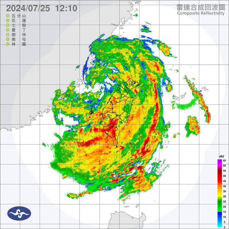 凱米颱風帶來豪雨。圖為25日中午12點10分雷達合成回波圖。（圖由中央氣象署提供）