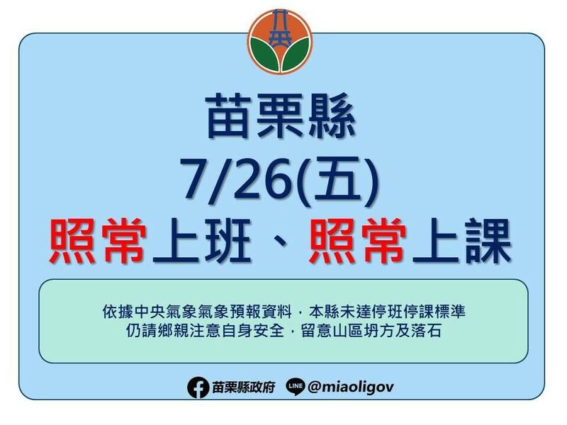 苗栗縣26日正常上班上課。（苗栗縣政府提供）