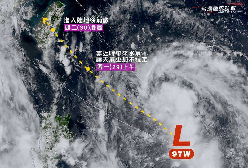 熱帶擾動「95W」消散，不過同一低壓帶內又有新擾動「97W」接力生成，將取代「95W」快速移動向台灣台灣東南方海域接近。（圖擷自臉書「台灣颱風論壇｜天氣特急」）