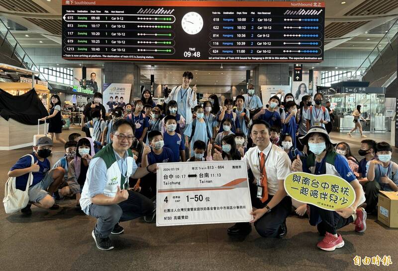 「南台中家扶中心」舉辦暑期生活營，今天在台灣高鐵公司贈票下，搭乘高鐵列車前往台南奇美博物館，進行藝術之旅。（記者陳建志攝）