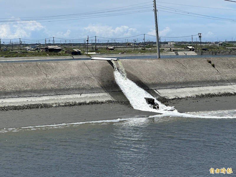 已復電的養殖戶現在正將水池的水排出,再抽換新鮮海水,調和鹹度。(記者李文德攝) 已復電的養殖戶現在正將水池的水排出,再抽換新鮮海水,調和鹹度。(記者李文德攝)