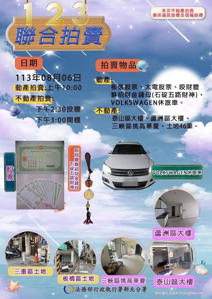 新北分署8月份拍賣，物件包含汽車、住宅及店面等。（新北分署提供）