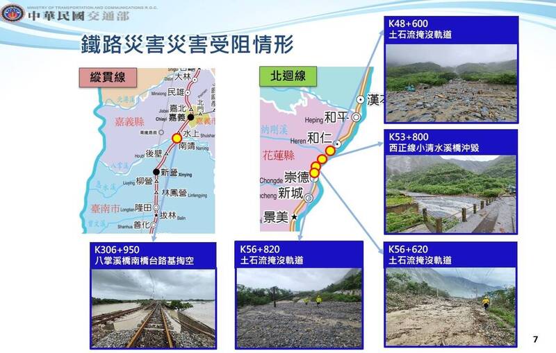 凱米颱風造成台鐵縱貫線南靖-後壁間「八掌溪橋南橋台」路基掏空30m，及北迴線和仁-崇德間共4處地點路線中斷。（圖由行政院提供）