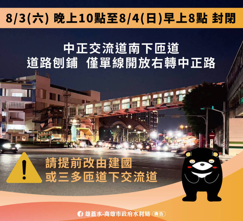 高雄中正交流道將於8月3日深夜22時至8月4日上午8時南下車道封閉10小時鋪路施工。（市府提供）