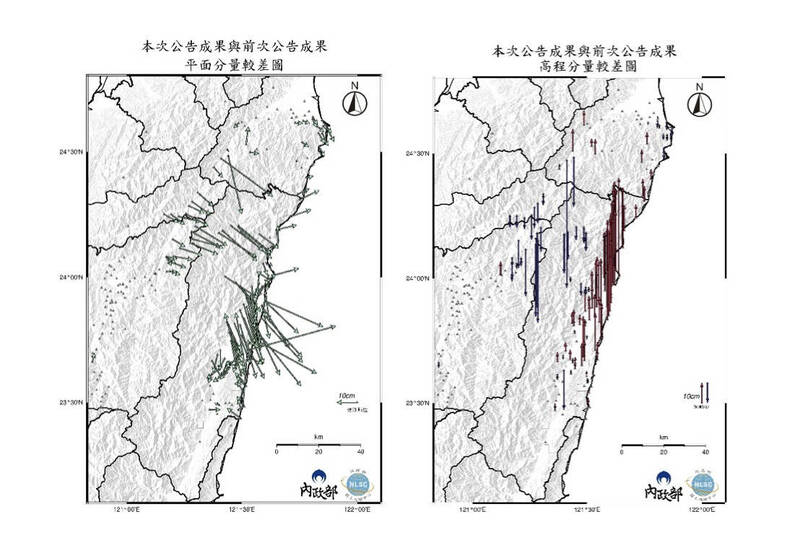 內政部指出，本次公告成果與前次公告成果平面（左）及高程（右）分量較差圖。（內政部提供）
