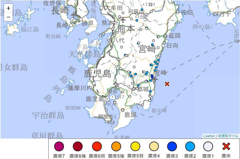 日本宮崎縣11日上午7點42分（台灣時間6點42分），其外海的日向灘再度發生規模4.5地震。（圖擷取自日本氣象廳官網）