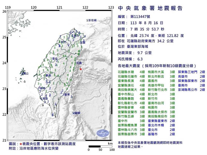 花蓮今天上午7點35分發生6.3地震，雲林斗六3級，麥寮有4級，民眾很有感。（圖由雲林縣消防局提供）