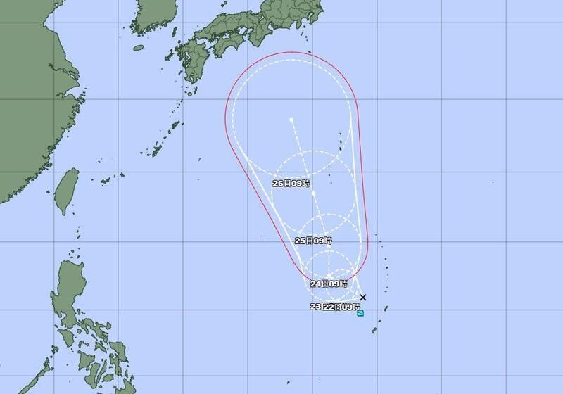 日本氣象廳針對關島熱帶低壓發布「烈風警報」（GW），最快明增強為第10號颱風「珊珊」。（圖擷自日本氣象廳）