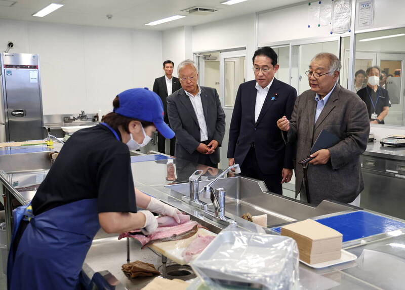 日相岸田24日視察福島縣磐城市乳名濱魚市場，並試吃從近海捕撈的生魚片，重申核處理水排海不影響日本水產品。（歐新社）（記者孫宇青攝）