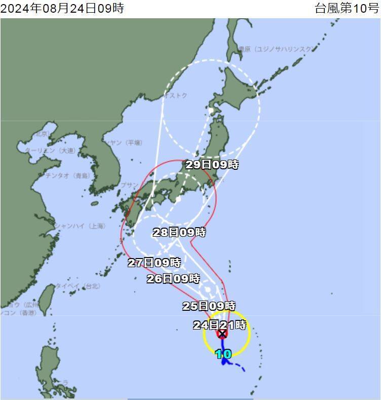 颱風「珊珊」持續靠近日本，根據日本氣象廳預測，颱風可能會在28日登陸，並從關西地區往關東方向一路穿越，路徑幾乎貫穿整個日本，預估各地皆會出現強烈暴風與暴雨。（圖擷自日本氣象廳）