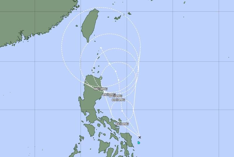 台灣與日本路徑預估都顯示，未來「魔羯」颱風將逐漸接近台灣，不過誤差圈相當大，全台都包含在內。（圖擷自日本氣象廳）