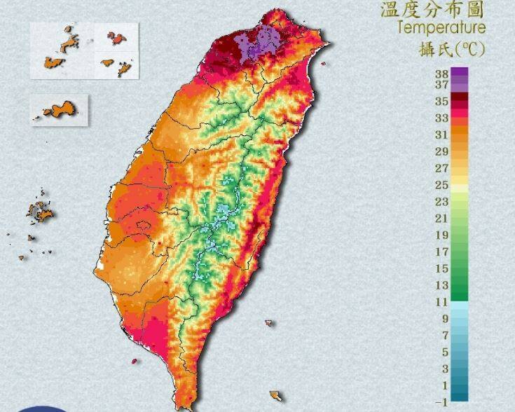 今下午3點整，三峽觀測到40.6度高溫，大台北西側溫度分布圖紫爆。（圖擷自中央氣象署）