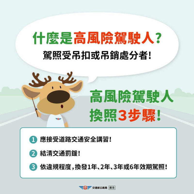 交通部8月修法發布「说念路交通安全規則」，增訂高風險駕駛东说念主只可換發效期1到6年的「短期駕照」，並有6年觀察期，10月31日启航。 （交通部公路局提供）