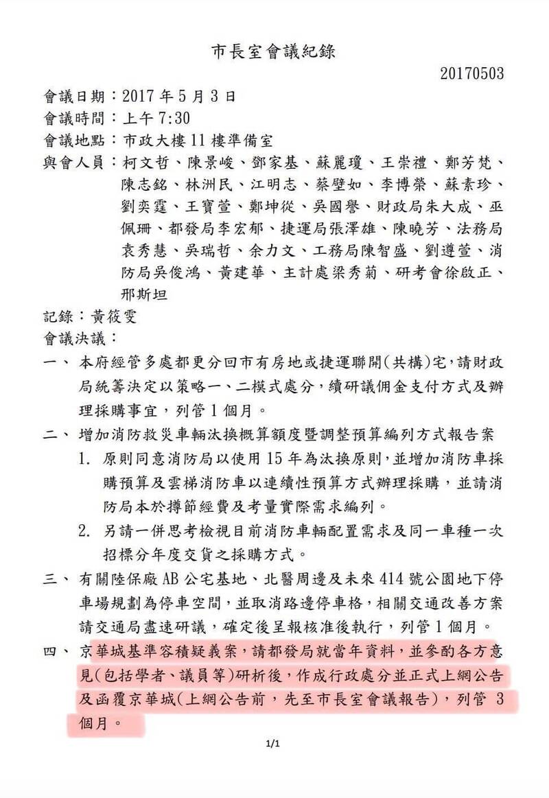 台北市議員林延鳳公布前台北市長柯文哲2017年5月3日晨會紀錄，裁示都發局研析京華城的基準容積。（台北市議員林延鳳提供）