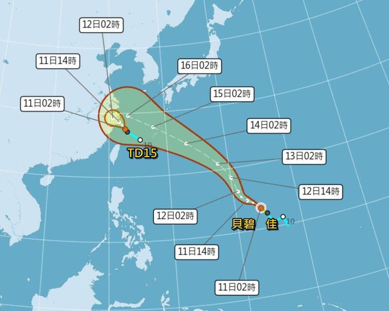 氣象專家預估，TD15雖有成颱趨勢，但持續往中國行進，對台灣無影響。至於颱風貝碧佳在太平洋高壓影響下，路徑較昨天更偏東，預估將於中國的江蘇、浙江一帶，對台影響會是風、浪遠較降雨會來的更加顯著。（圖擷自氣象署）