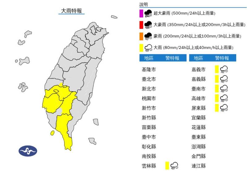 西南部6縣市大雨特報 高雄、屏東恐有大雷雨狂轟
