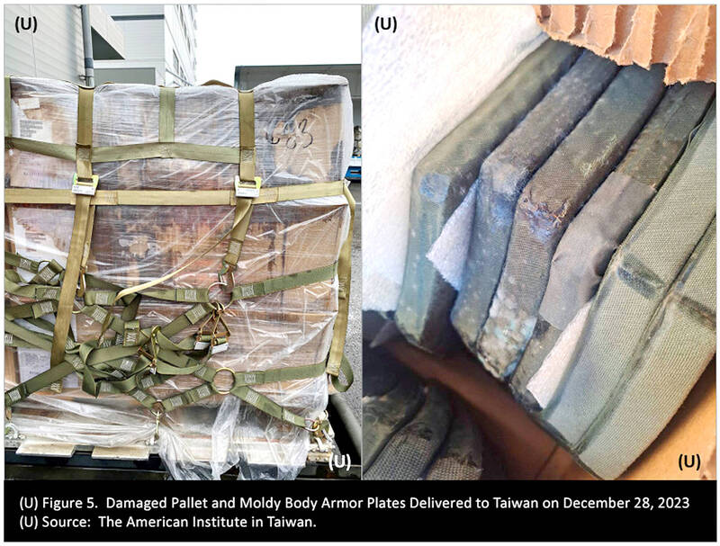 
Images of damaged pallets and moldy body armor plates are pictured in an undated photograph.
Photo: Screen grab from US Department of Defense Office of Inspector General’s Web site