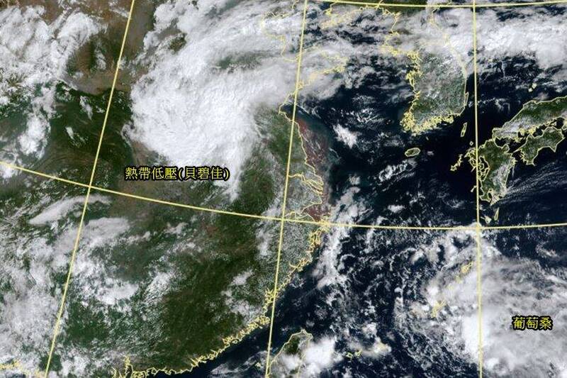 「貝碧佳」減弱為熱帶低壓後，已於今晨由安徽省進入河南省，當地有大暴雨警戒。（圖擷自中央氣象署）