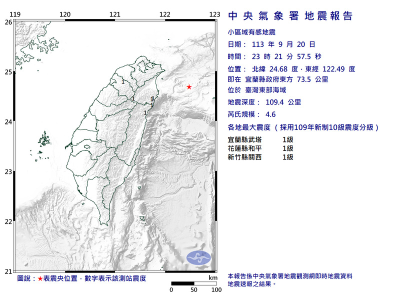 台灣東部海域深夜11點21分發生規模4.6小區域有感地震，最大震度1級。（擷取自中央氣象署網站）