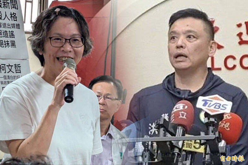 民進黨台北市議員洪健益（右）指控蔡壁如（左）是京華城案「隱藏版人物」，蔡壁如在臉書則發出4點聲明，強調目前檢調調查的範圍是2020年後多出的獎勵容積，但她在2019年就已經離開北市府。（記者王善嬿攝、記者楊心慧攝；本報合成）