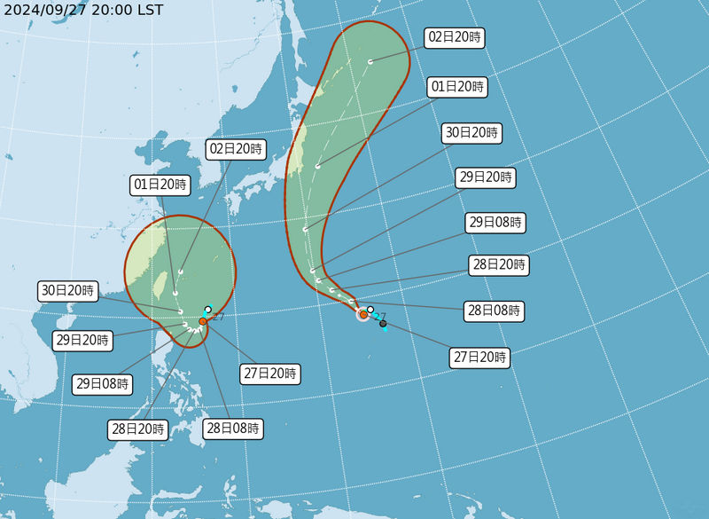 熱帶性低氣壓TD21已增強為颱風「燕子」，台灣東側熱帶性低氣壓TD22，最快今晚成為「山陀兒」颱風。（擷取自中央氣象署官網）